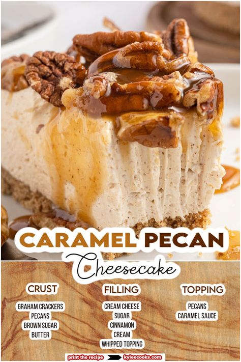 Impress your holiday crowd or your weekend guests with this spectacular no-bake caramel pecan cheesecake! It's made with a buttery crumbly crust and a creamy smooth cheesecake filling topped with a gooey crunchy topping made from pecans and caramel sauce! Best Pecan Cheesecake Pie, Pecan Pie Cheesecake Recipe Easy No Bake, Caramel No Bake Cheesecake, Pecan Pie Cheesecake Recipe No Bake, Pecan Cheesecake Pie Recipe, Cheesecake Recipes For Thanksgiving, Pecan Cheesecake No Bake, Cheesecake Christmas Holiday Desserts, No Bake Pecan Cheesecake