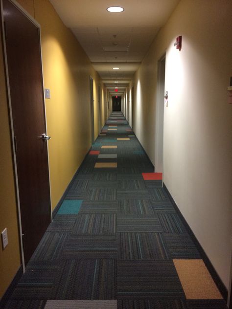 my dorm hallway creeps me out at night. it reminds me of a scene from The Shining or something. I hate walking alone in it. Dorm Hallway Aesthetic, Dorm Hallway, Grey Sisters, Boarding School Aesthetic, Peace Lilies, Hotel Corridor, Out At Night, Dry Land, Desired Reality