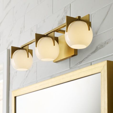 Bathroom Lighting Design, Vanity Light Bar, Mid Century Modern Bathroom, Brass Rings, Modern Inspiration, Burnished Brass, Vanity Lights, Bath Bar, White Milk Glass