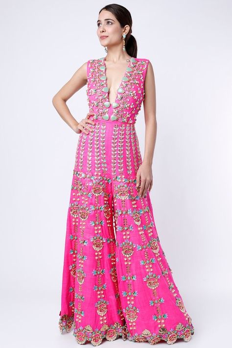 Sangeet Outfit Ideas, Haldi Theme, Ethnic Jumpsuit, Pink Jumpsuits Outfit, Hot Pink Jumpsuit, Paulmi And Harsh, Jumpsuit Outfit Wedding, Papa Don't Preach, Hot Pink Jumpsuits