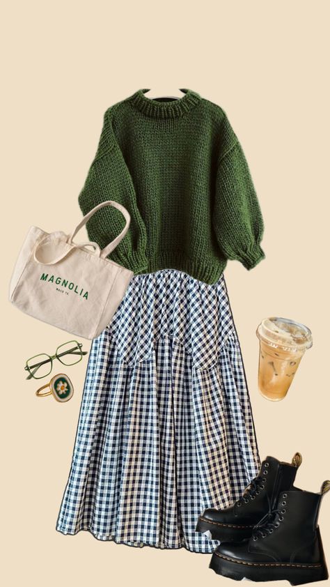 Gingham skirt and sweater combo is a classic Gingham Skirt Outfit, Turtleneck Fashion, Gingham Outfit, Skirt And Sweater, Modesty Outfits, Teaching Outfits, Gingham Skirt, Thrift Inspo, 2025 Fashion