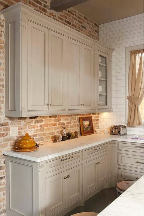 Adding Brick to the Inside of Your Home - Evolution of Style Kitchen With Brick, Reno House, Kitchen Makeovers, Brick Kitchen, Herringbone Backsplash, Brick Backsplash, Kitchen Backsplashes, Farmhouse Kitchen Cabinets, Single Wide