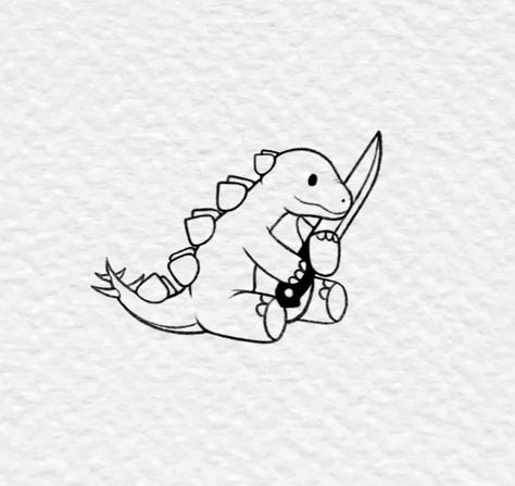 Girly Dinosaur Tattoo, Dino With Knife Tattoo, Dinosaur With Knife Tattoo, Derpy Dinosaur, Dino Tattoo Cute, Easy Dinosaur Drawing, Beautiful Tattoo Designs, Small Girly Tattoos, Bestie Tattoo