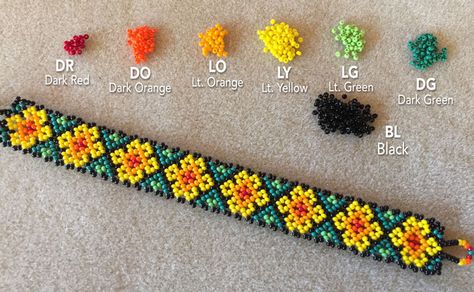 Huichol Bracelet Tutorial by Kat Kramer Huichol Tutorial, Huichol Beading, Bead Netting, Huichol Bracelet, Huichol Pattern, Bracelet Beading, Diy Bracelets Tutorials, Beading Netting, Bead Projects