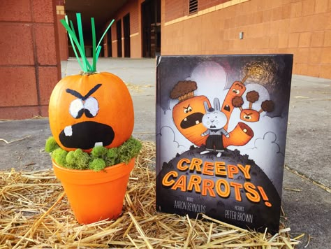 Book Character Pumpkin | Creepy Carrots by Aaron Reynolds Creepy Carrots Pumpkin Decorating, Character Book Pumpkin Ideas, Kindergarten Pumpkin Book Character, Pumpkin Decorating Book Theme, Pumpkin Decorations Book Characters, Pumpkin Book Report Project, Story Book Character Pumpkin Ideas, Pumpkin Decorating Book Character, Story Book Pumpkin Characters