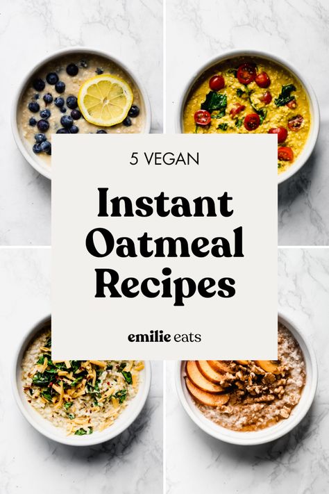 These five vegan recipes for instant oatmeal make sure that breakfast is always exciting! There are savory and sweet recipes to satisfy any craving. #oatmeal #breakfastrecipes Instant Oatmeal Recipes, Rolled Oats Recipe, Instant Oatmeal Packets, Quick Oatmeal, Vegan Oatmeal, Dairy Free Breakfasts, Instant Oatmeal, Instant Recipes, Breakfast Meal Prep