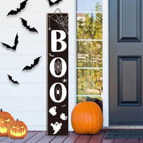 PRICES MAY VARY. UPGRADE PRODUCT MATERIALS AND PACKAGING: This welcome sign is made of 100% solid wood with black paint. The printing is made using a special technology that prevents wind and rain, and the sign will not fade or peel off. GREAT SIZE HALLOWEEN DECOR BOARD: Approximately 47.2 "x 7.8" x 0.8 "in size, a perfect size. You will receive 3 Halloween wooden signs, each measuring 15.7 x 7.87 inches, with an assembly height of 47.2 inches. The packaging contains enough parts and tools to he Halloween Porch Sign, Sign For Front Door, Boo Sign, Farmhouse Outdoor, Wooden Porch, Front Porch Signs, Halloween Front Porch, Sign Wall Decor, Halloween Porch