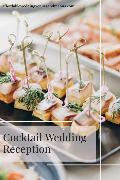 A cocktail wedding reception is a great way to stay on budget. Plan an evening reception and save money by serving cocktails and appetizers only. See signature wedding cocktails, signature drinks wedding cocktails. See what to serve at a cocktail party wedding. See a cocktail wedding menu. Plus a sample timeline for a cocktail wedding reception. Find out: is it really cheaper to have an appetizers only wedding? Cocktail Bar Wedding Receptions, Cocktail Wedding Reception Timeline, Cocktail Reception Wedding Layout, Cocktail Party Reception, Cocktail Wedding Reception Decorations, Cocktail Reception Food, Cocktail Menu Ideas, Cocktail Reception Layout, Wedding Cocktails Signature