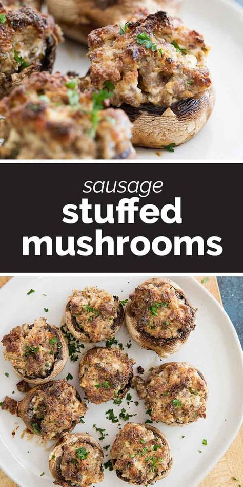 An easy and crowd pleasing appetizer – these Sausage Stuffed Mushrooms have fresh mushrooms that are stuffed with sausage and cream cheese. #recipe #appetizer #stuffedmushrooms Mushrooms Stuffed With Sausage, Stuffed Mushrooms With Cream Cheese And Sausage, Sausage Stuffed Mushrooms Easy, Sausage And Cream Cheese, Sausage Stuffed Mushrooms, Thanksgiving Foods, Belgian Food, Stuffed Mushroom, Crowd Pleasing Appetizers