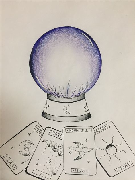 Crystal Ball Sketch, Crystal Ball Watercolor, Crystal Ball Doodle, Cristal Ball Tattoo, Magic Ball Drawing, Crystal Drawing Ideas, Tarot Doodles, Witch Drawing Pencil, Easy Tarot Card Drawing