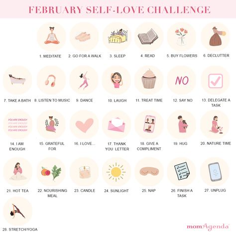 It's time for The momAgenda Self-Love February Challenge.  ​ Here's how it works:  ​1. Each day do 1 thing for your self-care/self-love ​2. Follow along at @momagenda for suggestions each day and comment below the daily post on Instagram or Facebook to keep yourself accountable  ​3. 5 WINNERS! On Feb 28th we will announce 5 winners who will receive the momAgenda Self-Care Planner  ​ ​Any questions? Let us know. We are so excited to do this with our momAgenda community. Much love 💗 February Self Care Calendar, Self Love February, February Daily Challenge, February Self Love Challenge, Self Care February, Valentine’s Day Self Care, Romanticize February, February Instagram Posts, February Things To Do