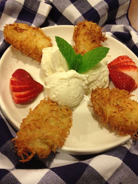 Gourmet by Kat: Thai fried banana and vanilla ice cream Basil Rolls, Being Vegetarian, Batter Mix, Fried Bananas, Coconut Desserts, Coconut Ice, Coconut Ice Cream, Thai Coconut, Vanilla Bean Ice Cream