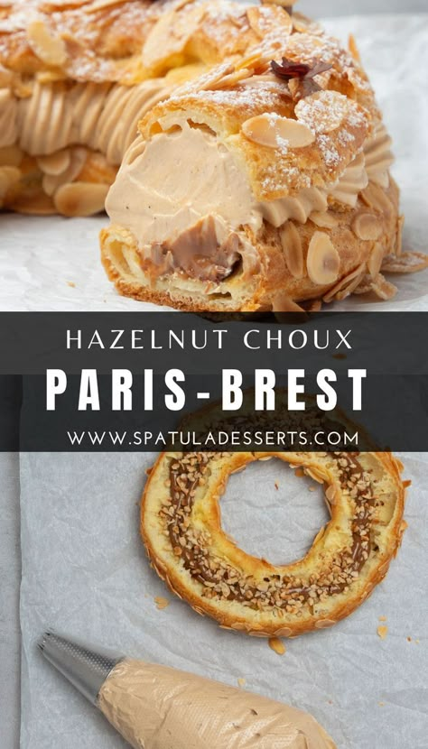 Try this amazing Paris-Brest recipe, which is effectively a ring shape choux pastry filled with the most amazing hazelnut mousseline cream. The perfect result we are looking for is a ring shape choux pastry that is risen evenly (so no major cracks on the side), holds its shape after baking, and has a lovely huge air pocket inside the choux that can be filled with a stable yet silky Hazelnut Praline Crème Mousseline. See more baking tips in my Paris-Brest recipe Mousseline Cream, French Pastries Recipes, Praline Recipe, French Dessert Recipes, French Baking, Hazelnut Praline, Paris Brest, Choux Pastry, Delicious Cream