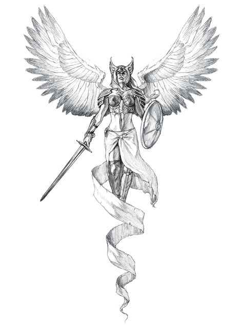 Valkyrie Tattoo Design, Paladin Tattoo, Artemis Tattoo Design, Valkyrie Angel, Artemis Tattoo, Celtic Tattoos For Men, Female Warrior Tattoo, Norse Mythology Tattoo, Valkyrie Tattoo