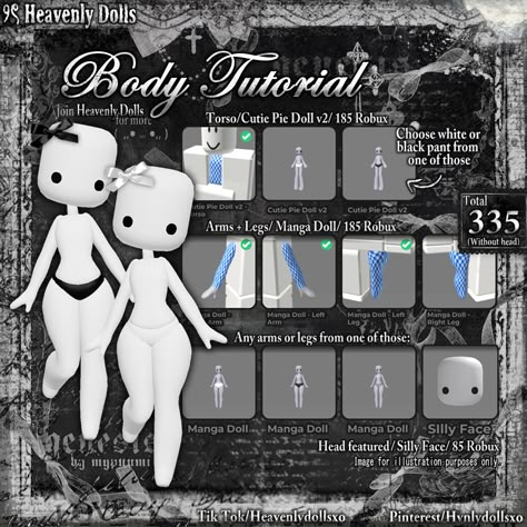 Roblox doll body tutorial Make Me A Roblox Avatar, Roblox Realistic Body Codes, Roblox Body Ideas, Roblox Avatar Tutorial, Roblox Body Tutorial, Roblox Catalog Avatar Creator Codes, Doll Roblox Avatar, Roblox Bodies, Roblox Body Codes