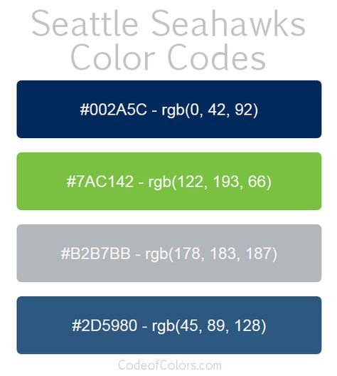 Seattle Seahawks Colors - Hex and RGB Color Codes Rgb Color Palette, Lowes Paint Colors, Boys Bedroom Colors, Seahawks Crafts, Lowes Paint, Seahawks Colors, Nfl Team Colors, Boys Bedroom Paint, Seattle Seahawks Logo