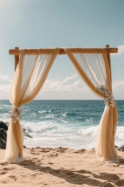 29 Boho Wedding Arch Ideas to Create a Dreamy Backdrop 18 Beach Wedding Design Ideas, Beach Alter Ideas, Small Wedding Beach, Timeless Beach Wedding, Small Beach Wedding Ceremony, Beach Wedding Set Up, Beige Beach Wedding, Beach Wedding Backdrop, Micro Beach Wedding