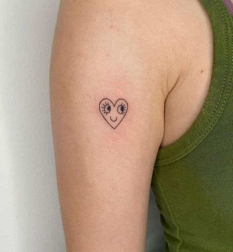 Worm Hole Tattoo, M&m Tattoo, Face Heart Tattoo, Breakfast Tattoo, Naive Tattoo, Heart Tattoo Shoulder, Small Face Tattoos, Smiley Face Tattoo, Stick Poke Tattoo