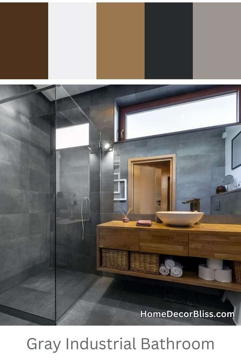 Industrial Bathroom: Gray Concrete and Wood Vanity Gray And Wood Bathroom Ideas, Gray And Wood Bathroom, Industrial Chic Bathroom, Gray Concrete Texture, Industrial Color Scheme, Bangkok Apartment, Natural Wood Vanity, Bathroom Industrial Chic, Industrial Bathroom Design