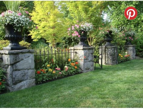 Large Backyard Landscaping, Stone Fence, Hgtv Garden, Large Backyard, Fence Landscaping, Modern Fence, Water Features In The Garden, Iron Fence, Backyard Fences