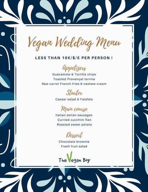 🔔 💐 VEGAN WEDDING MENU 🎊 💍  The Vegan Boy  I wanted to make this menu to help some of you ;)   From a student's point of view, this looks like the perfect wedding menu to me, what do you think about it? :)  I made the calculations & it won't cost more than 10€/$/£ per person, no matter the currency! I took the prices for non-GMOs, organic & vegan products only! Vegan Wedding Menu, Sweet Potato Dessert, Fresh Fruit Salad, Raw Carrots, Vegan Wedding, Cashew Cream, Vegan Products, Seitan, Caesar Salad