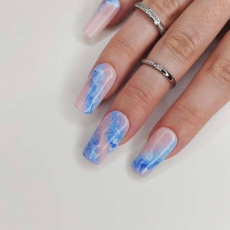 Blue Smoky Marble Wave, Press on False Nails, Sea Foam Ocean Swirl, Almond Coffin Stiletto Square, Long Short Gloss Matte, French Tip Ombre by BodaciousNails on Etsy Elegant Beach Nails, Matte Marble Nails, Matte French Tip, French Tip Ombre, Holiday Acrylic Nails, Baby Blue Nails, Alcohol Wipes, School Nails, Beach Nails