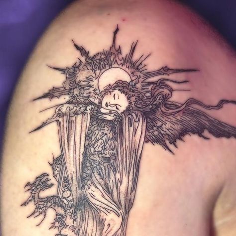 Final Fantasy X Tattoo Ideas, Anime Angel Tattoo, Ff15 Tattoo, Ff7 Tattoo Ideas, Aerith Tattoo, Cloud Strife Tattoo, Ffvii Tattoo, Ffxv Tattoo, Final Fantasy X Tattoo