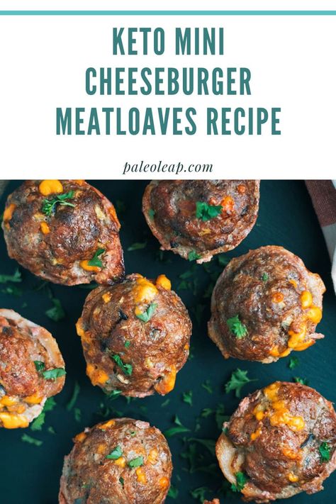 Keto Mini Cheeseburger Meatloaves Recipe pin. Cheeseburger Meatballs, Keto Burgers, Mini Cheeseburger, Mini Meatloaves, Lamb Dinner, Tin Recipes, Keto Burger, Keto Treats, Keto Beef