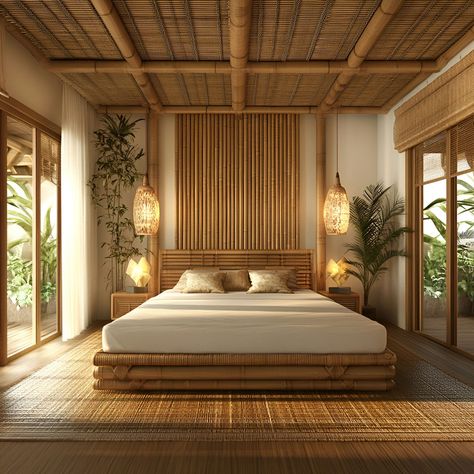 Explore the tranquility of a minimalist bamboo bedroom, featuring a sturdy bamboo bed frame, woven bamboo ceiling, and natural wicker lamps. lush greenery and large sliding doors bring in abundant light, connecting you with nature. Perfect for those who cherish eco-friendly, serene living spaces. Bamboo Ceiling Ideas, Wicker Lamps, Building Materials Architecture, Nipa Hut, Bamboo Headboard, Bamboo Bedroom, Bamboo Bed Frame, Philippines House, Bedroom Layout Design