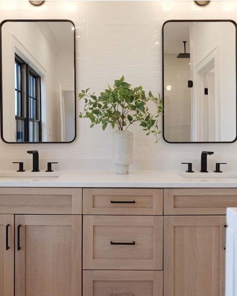 Modern Farmhouse Full Bathroom, Master Bath With Subway Tile, Wood Floor Master Bath, Bathroom Vanity With Shelves On Side, Tile Ideas For Showers Walk In, Modern Organic Primary Bathroom, White Cabinets In Bathroom, New Build Master Bath, Modern Farmhouse Ensuite