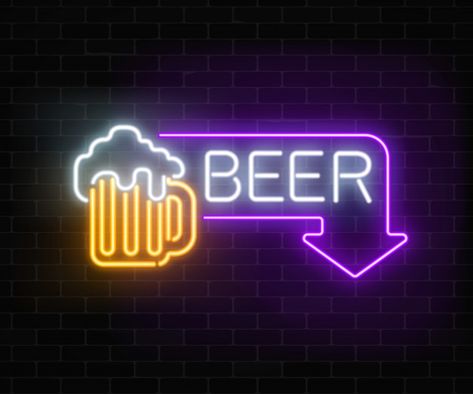 Liquor Logo Design, Dark Brick Wall, Neon Symbol, Bar Neon Sign, Neon Beer Signs, Neon Bar Signs, Retail Signage, Beer Shop, Neon Wall Art