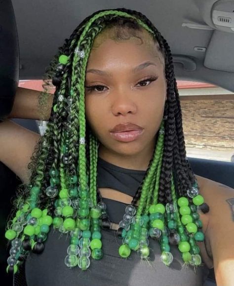 Green Beads Hairstyle, Short Knotless Braids With Beads Green, Cute Hairstyles Braids With Beads, Hair Styles Braids Beads, Black And Green Box Braids With Beads, Box Braids Short With Beads, Mid Length Knotless Braids With Beads, Mid Length Box Braids With Beads, Bob Length Knotless Braids With Beads