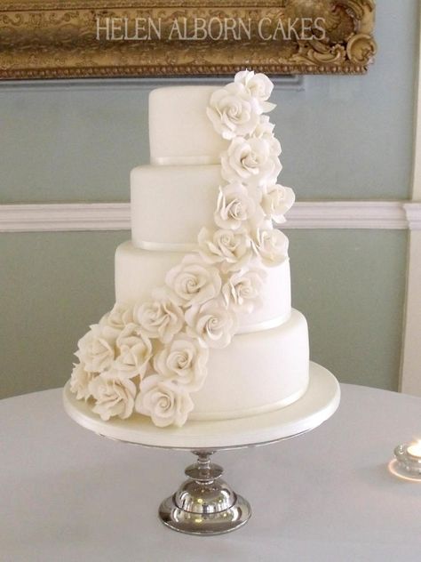 Gorgeous Wedding Cake Classy, White Wedding Cake With White Roses, Wedding Cakes Roses, White Roses Wedding Cake, Wedding Cake Roses White, Wedding Cake All White, White Wedding Cake Designs, Wedding Cake White Roses, Wedding Cake 4 Tier