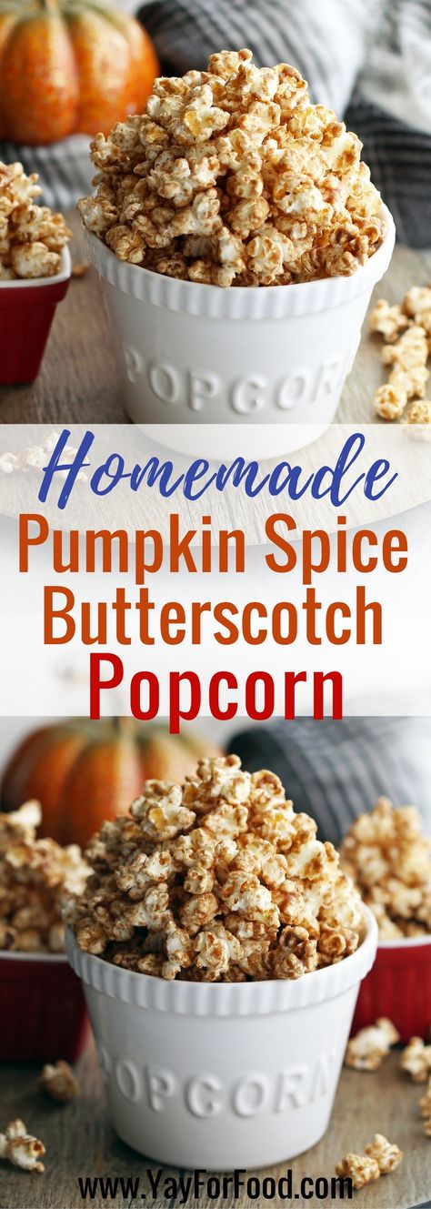 A perfect fall snack! Try this flavourful sweet, spiced popcorn with scratch made pumpkin spice mix and butterscotch sauce Butterscotch Popcorn, Fall Popcorn, Desserts Fall, Spiced Popcorn, Weight Watcher Desserts, Remy Ma, Pumpkin Treats, Dessert Oreo, Butterscotch Sauce