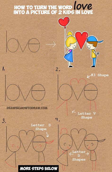 Word Drawings, Kids In Love, Drawing Lessons For Kids, Cartoon Drawing Tutorial, How To Draw Steps, Draw Cartoon, Drawing Eyes, The Word Love, Drawing Hair