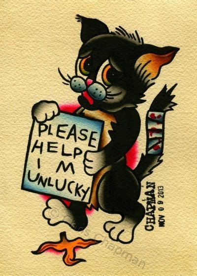 I hate cats but this is freaking cute. Unlucky traditional style: Sailor Jerry Cat Tattoo, Silly American Traditional Tattoos, Retro Tattoo Ideas Vintage, American Traditional Black Cat, Weird Traditional Tattoo, Funny Traditional Tattoos, Bad Luck Tattoo, Cat Traditional Tattoo, Good Luck Tattoo