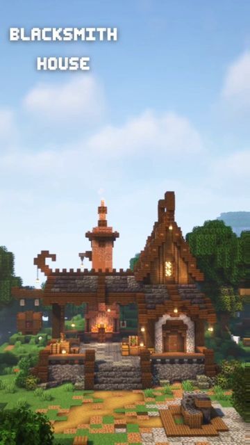 Cottagecore Blacksmith Minecraft, Blacksmith Shop Minecraft, Viking Village Minecraft, Minecraft Fantasy Village Ideas, Minecraft Weaponsmith House, Minecraft Toolsmith House, Minecraft Viking Village, Black Smith Minecraft, Minecraft Forge Design