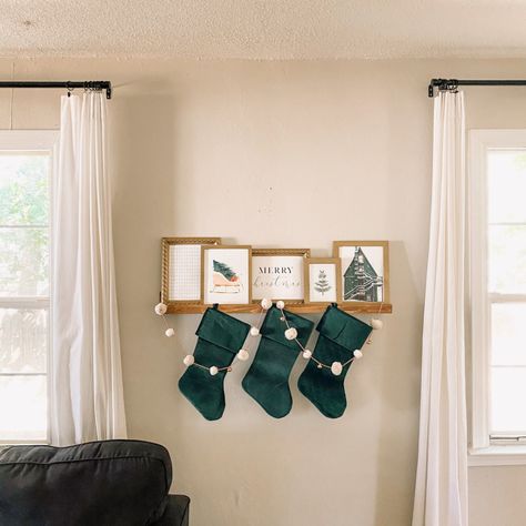 Stockings Hung Without Mantle, Christmas Stocking Without Fireplace, Christmas Stockings On Floating Shelf, Stocking Hangers No Fireplace Ideas, Alternative Stocking Hanging Ideas, Hang Stockings No Mantle, Non Mantle Stocking Ideas, Christmas Stockings Ideas No Fireplace, Stocking Without Fireplace