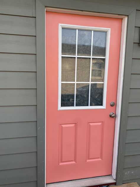 Coral Door Gray House, Coral Front Door Gray House, Coral Front Doors Color Schemes, Coral Door Front Entrance, Coral Front Door Colors, Salmon Front Door, Salmon Door, Dark Gray House Exterior, Grey Home Exterior