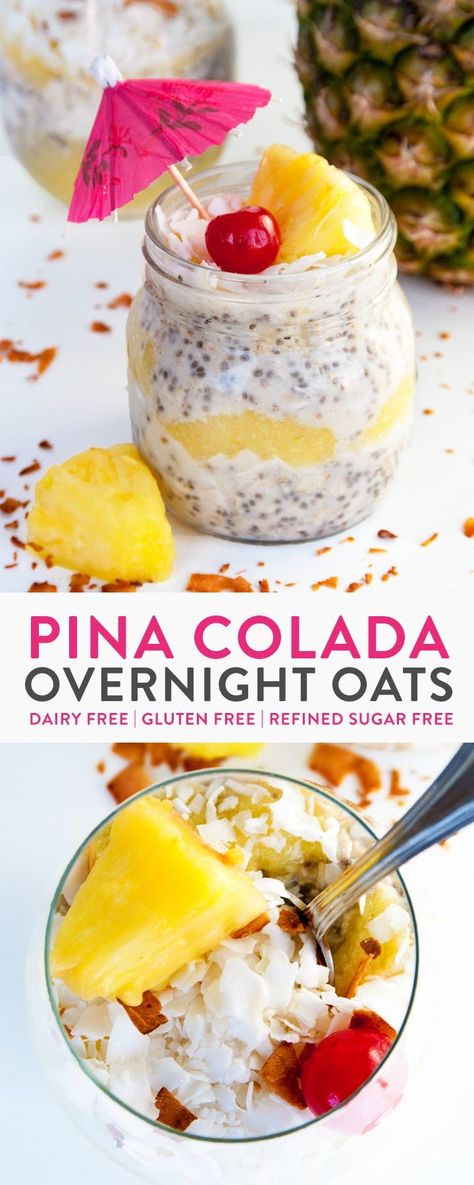 Pina Colada Overnight Oats recipe - This dairy free, gluten free and refined sugar free treat is delicious served warm or cold. This tropical dessert works great as a breakfast or a snack. Pina Colada Overnight Oats, Premade Breakfast, Creamy Overnight Oats, Overnight Oats With Chia Seeds, Oats With Chia Seeds, Overnight Oats With Chia, Chia Overnight, Tropical Desserts, Chia Overnight Oats