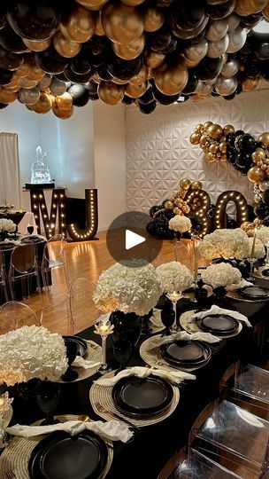 Black And Golden Wedding Decor, Dads Birthday Decoration Ideas, Black Gold Dinner Party, Black Tie Birthday Party Decoration, Black Tie Party Ideas, Black Tie Decorations Party Ideas, Black Tie Decor, Gala Birthday Party Ideas, 70th Bday Party Ideas For Dad