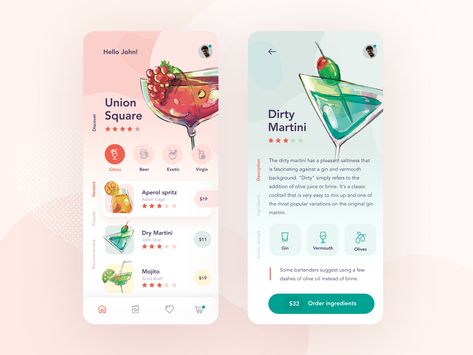 Howdy guys, Totally different style this time but I really wanted to use those beautiful watercolour illustrations! The app is all about cocktails recipes with possibility to order all needed ingre... Cocktail App, Wireframe Mockup, Mockup Inspiration, Application Interface, Mobile App Ui Design, Mobile Code, Mobile Ui Design, App Design Inspiration, Mobile App Ui