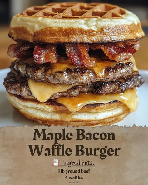 Crenn Recipes | Maple Bacon Waffle Burger 🍔🧇 | Facebook Maple Bacon Burgers, Maple Waffle Sandwich, Breakfast Burger Ideas, Syrup Sandwich, Waffle Sandwich Ideas, Waffle Burgers, Burger Combinations, Food Truck Food Ideas, Crenn Recipes