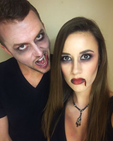 Vampire Halloween make up male and female. Simple and easy. Thrown together last minute. Halloween 2015 Dracula Makeup For Men, Vampire Makeup Men, Male Vampire Makeup, Simple Vampire Makeup, Mens Vampire Makeup, Vampire Costume Couple, Dracula Makeup, Vampire Costume Women, Jiggly Cheesecake