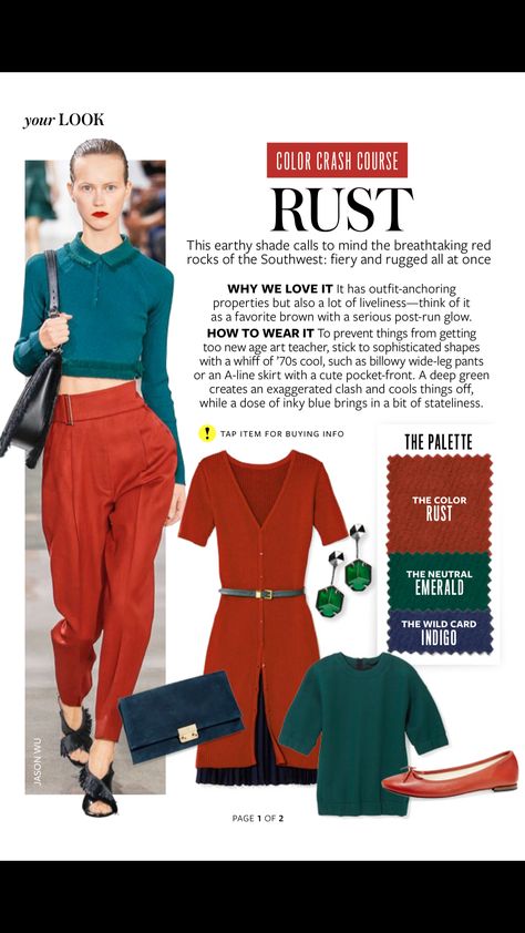 #InStyle Rust And Teal Outfit, Rust Color Combinations, Instyle Color Crash Course, Deep Autumn Color Palette, Blue Autumn, Colour Combinations Fashion, Colour Analysis, Color Combinations For Clothes, Deep Autumn