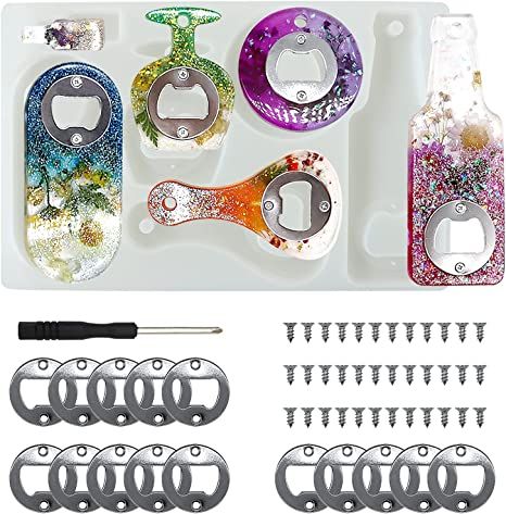 There have 5 different stylish bottle opener shaped for you to choose, which can be made in 5 different styles at a time. You will get 1 x bottle opener mold, 1 x screwdriver, 15 x wrench, 36 x screw. Use your imagination to create various openers with different colors and patterns. Add embellishment and fillers like epoxy resin, dried flowers, glitter, colors, pearl pigment, mica powder, or any element you like into the resin mold to DIY your own beautiful keychain bottle opener. #ad Diy Bottle Opener, Wine Corkscrew, Silicone Resin Molds, Mold Kit, Resin Supplies, Bottle Opener Keychain, Casting Resin Molds, Beer Opener, Beer Bottle Opener