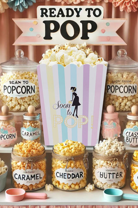 A baby shower popcorn bar decorated with pastel-colored “Soon to Pop” popcorn boxes. The setup includes jars of different popcorn flavors like caramel, cheddar, and butter, with a festive “Ready to Pop” sign. The colors and design create a whimsical and inviting look for a baby shower celebration. *Safe BeeSide Me may earn a small commission from your purchase. Popcorn Baby Shower Ideas, About To Pop Baby Shower Ideas, Ready To Pop Baby Shower Ideas, Types Of Popcorn, Baby Shower Popcorn, Fun Popcorn, Chloe Elizabeth, Popcorn Favor, Baby Shower Snacks