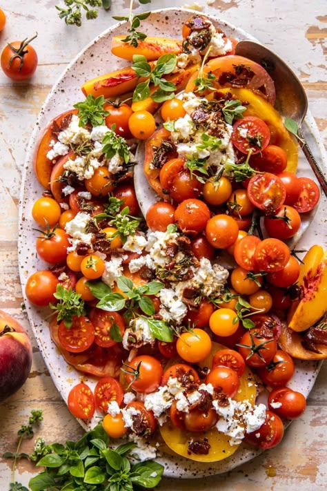 Hot Bacon Tomato Peach Goat Cheese Salad | halfbakedharvest.com Peach Goat Cheese, Prosciutto Chicken, Half Baked Harvest Recipes, Avocado Pasta Salad, Fresh Summer Salad, Avocado Pasta, Bacon Salad, Chicken Caesar Salad, Bacon Tomato