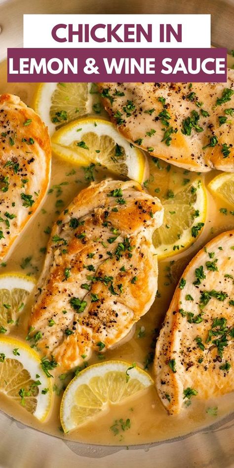 This Chicken in White Wine Lemon Butter Sauce cooks in just 20 minutes. It's the perfect fast chicken dinner! Chicken Piccata With White Wine Lemon Sauce, Recipes With White Wine Cooking, White Meat Chicken Recipes, Lemon Wine Chicken, Lemon Garlic White Wine Sauce, Recipes With Wine In Them, White Wine Sauce For Chicken, Chicken And Wine Recipes, Sauces For Chicken Breast