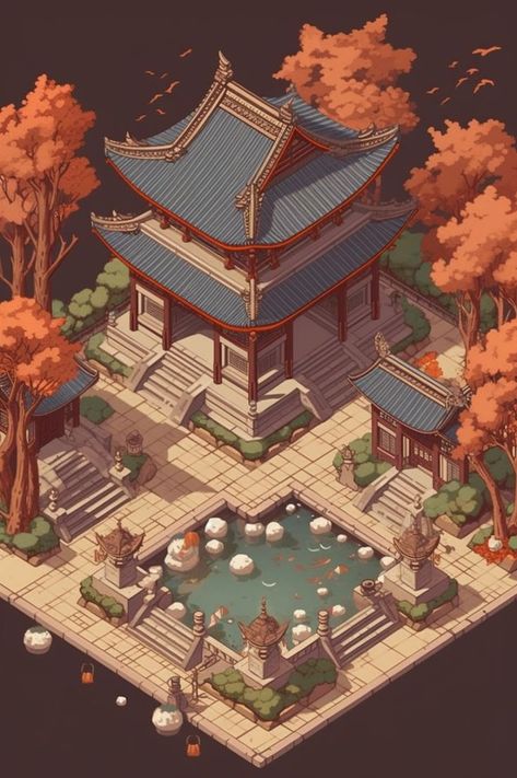 Japanese Environment Art, Japanese Isometric Art, Traditional Japanese Village Art, Japanese Traditional Village, Japanese Shrine Concept Art, Japanese Temple Concept Art, Japanese Village Concept Art, Chinese Pixel Art, Japanese Buildings Minecraft